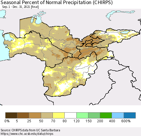 Central Asia Seasonal Percent of Normal Precipitation (CHIRPS) Thematic Map For 9/1/2021 - 12/31/2021