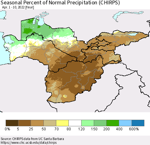 Central Asia Seasonal Percent of Normal Precipitation (CHIRPS) Thematic Map For 4/1/2022 - 4/10/2022