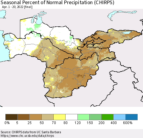 Central Asia Seasonal Percent of Normal Precipitation (CHIRPS) Thematic Map For 4/1/2022 - 4/20/2022