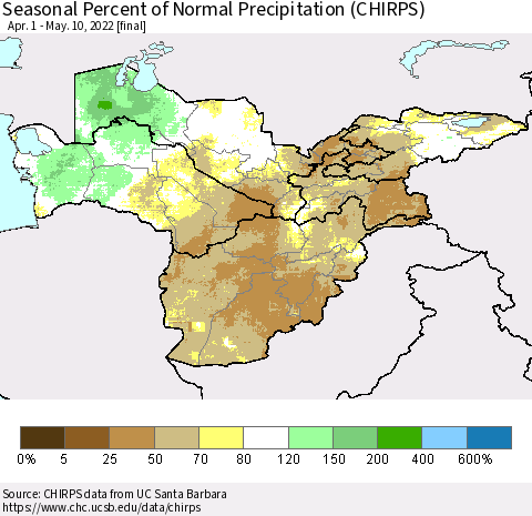Central Asia Seasonal Percent of Normal Precipitation (CHIRPS) Thematic Map For 4/1/2022 - 5/10/2022