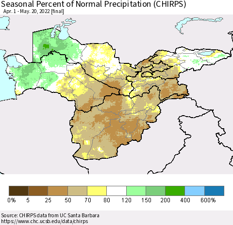 Central Asia Seasonal Percent of Normal Precipitation (CHIRPS) Thematic Map For 4/1/2022 - 5/20/2022