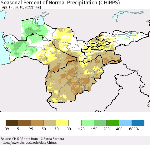 Central Asia Seasonal Percent of Normal Precipitation (CHIRPS) Thematic Map For 4/1/2022 - 6/10/2022