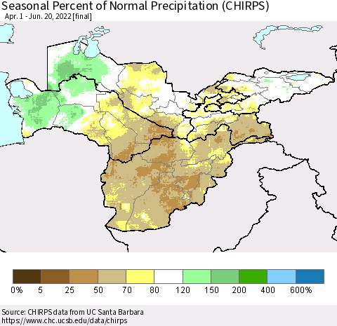 Central Asia Seasonal Percent of Normal Precipitation (CHIRPS) Thematic Map For 4/1/2022 - 6/20/2022