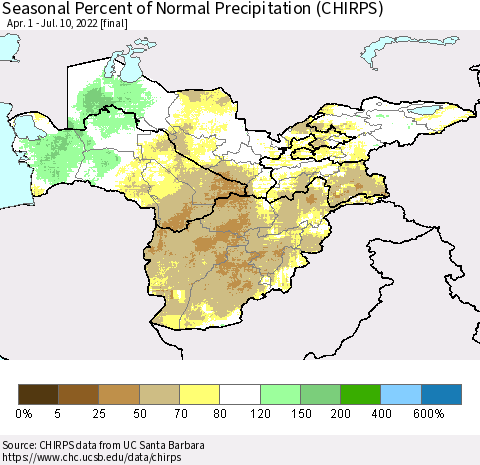 Central Asia Seasonal Percent of Normal Precipitation (CHIRPS) Thematic Map For 4/1/2022 - 7/10/2022