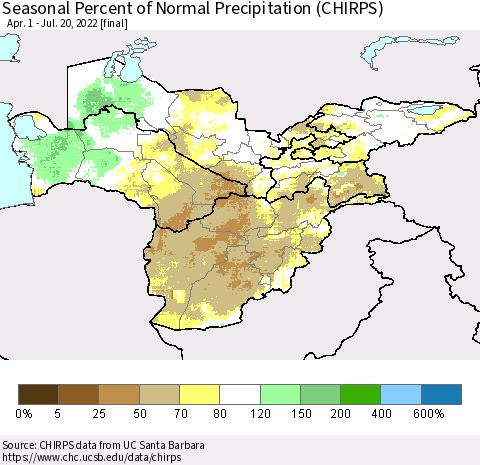 Central Asia Seasonal Percent of Normal Precipitation (CHIRPS) Thematic Map For 4/1/2022 - 7/20/2022