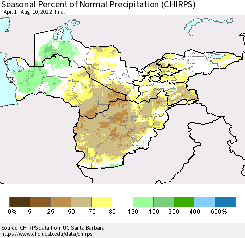 Central Asia Seasonal Percent of Normal Precipitation (CHIRPS) Thematic Map For 4/1/2022 - 8/10/2022