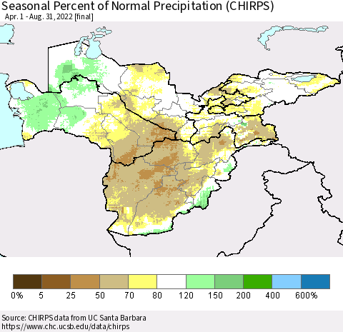 Central Asia Seasonal Percent of Normal Precipitation (CHIRPS) Thematic Map For 4/1/2022 - 8/31/2022