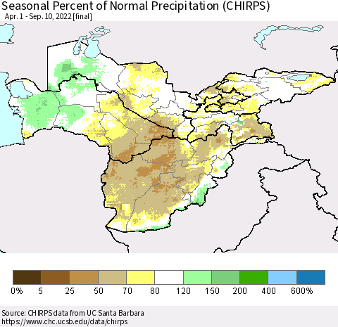 Central Asia Seasonal Percent of Normal Precipitation (CHIRPS) Thematic Map For 4/1/2022 - 9/10/2022