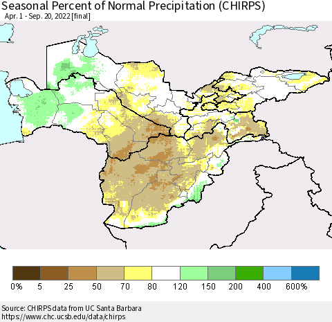 Central Asia Seasonal Percent of Normal Precipitation (CHIRPS) Thematic Map For 4/1/2022 - 9/20/2022