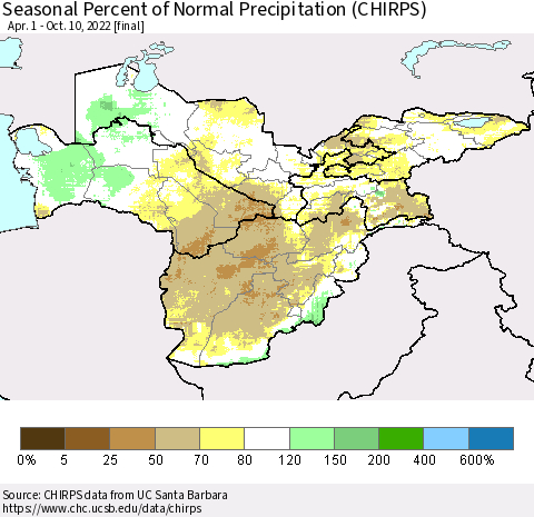 Central Asia Seasonal Percent of Normal Precipitation (CHIRPS) Thematic Map For 4/1/2022 - 10/10/2022