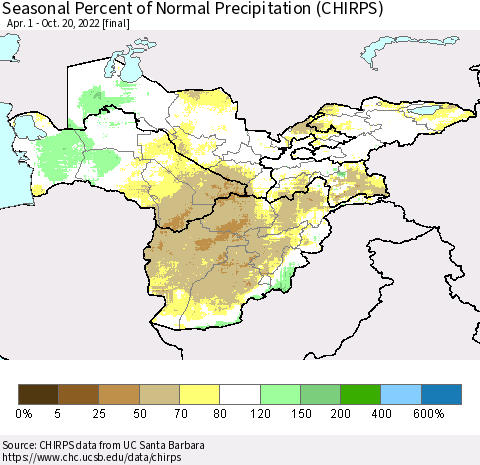 Central Asia Seasonal Percent of Normal Precipitation (CHIRPS) Thematic Map For 4/1/2022 - 10/20/2022
