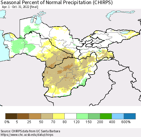 Central Asia Seasonal Percent of Normal Precipitation (CHIRPS) Thematic Map For 4/1/2022 - 10/31/2022