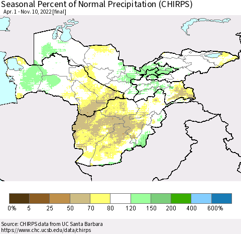 Central Asia Seasonal Percent of Normal Precipitation (CHIRPS) Thematic Map For 4/1/2022 - 11/10/2022