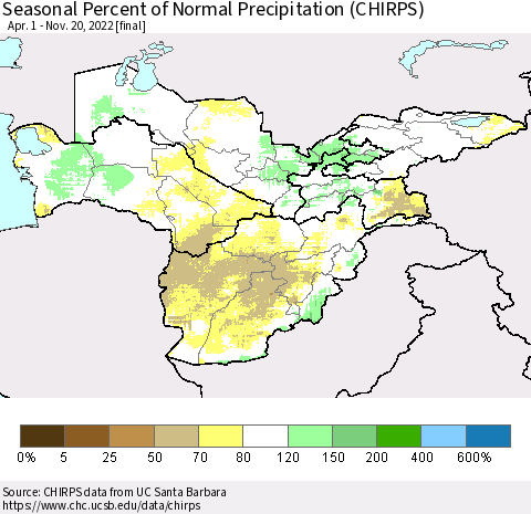 Central Asia Seasonal Percent of Normal Precipitation (CHIRPS) Thematic Map For 4/1/2022 - 11/20/2022
