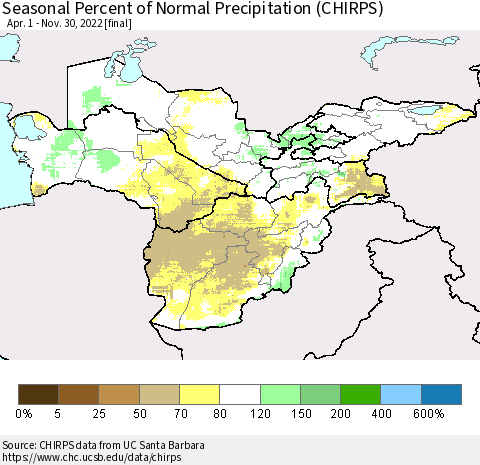 Central Asia Seasonal Percent of Normal Precipitation (CHIRPS) Thematic Map For 4/1/2022 - 11/30/2022