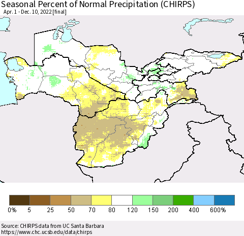 Central Asia Seasonal Percent of Normal Precipitation (CHIRPS) Thematic Map For 4/1/2022 - 12/10/2022