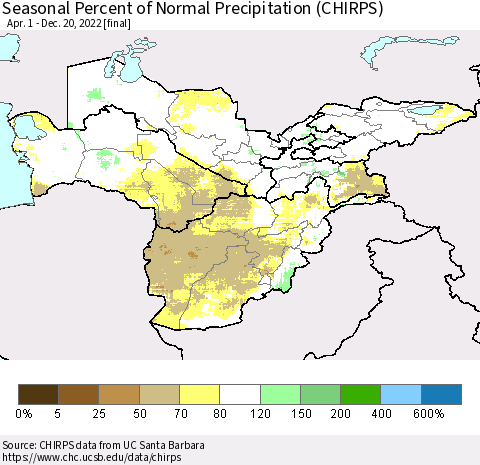 Central Asia Seasonal Percent of Normal Precipitation (CHIRPS) Thematic Map For 4/1/2022 - 12/20/2022