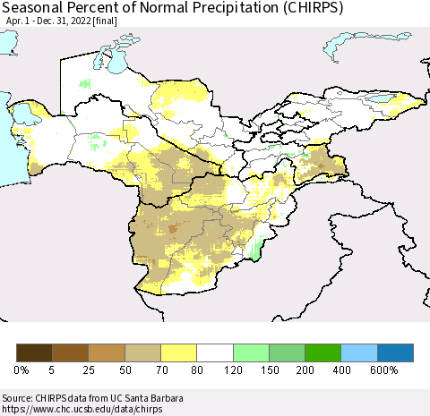 Central Asia Seasonal Percent of Normal Precipitation (CHIRPS) Thematic Map For 4/1/2022 - 12/31/2022
