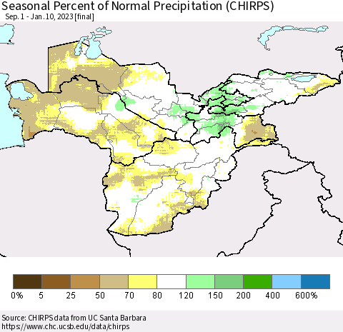 Central Asia Seasonal Percent of Normal Precipitation (CHIRPS) Thematic Map For 9/1/2022 - 1/10/2023