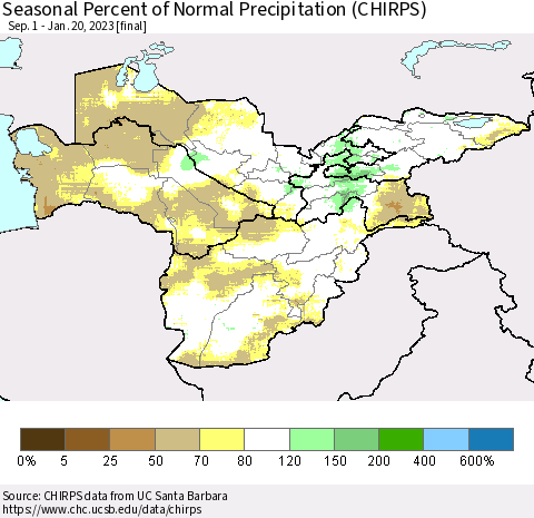 Central Asia Seasonal Percent of Normal Precipitation (CHIRPS) Thematic Map For 9/1/2022 - 1/20/2023