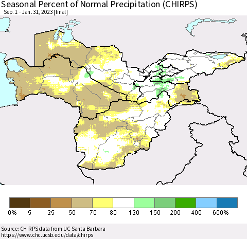 Central Asia Seasonal Percent of Normal Precipitation (CHIRPS) Thematic Map For 9/1/2022 - 1/31/2023