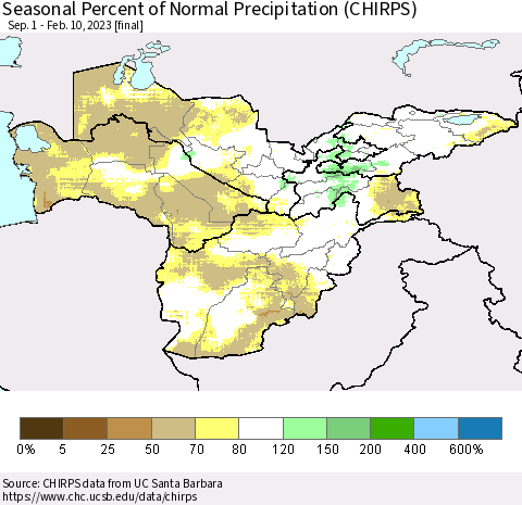 Central Asia Seasonal Percent of Normal Precipitation (CHIRPS) Thematic Map For 9/1/2022 - 2/10/2023