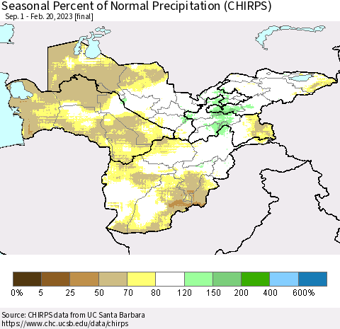 Central Asia Seasonal Percent of Normal Precipitation (CHIRPS) Thematic Map For 9/1/2022 - 2/20/2023