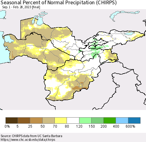 Central Asia Seasonal Percent of Normal Precipitation (CHIRPS) Thematic Map For 9/1/2022 - 2/28/2023
