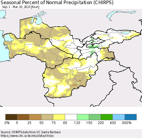 Central Asia Seasonal Percent of Normal Precipitation (CHIRPS) Thematic Map For 9/1/2022 - 3/10/2023