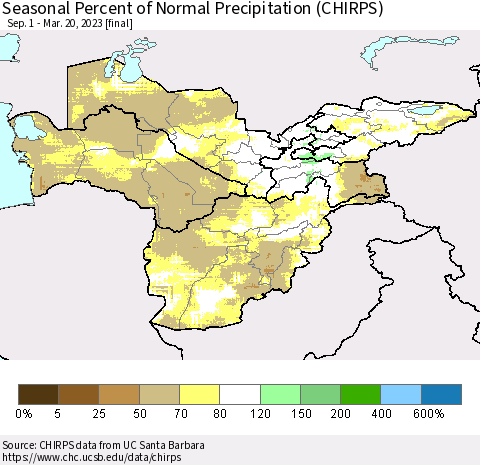 Central Asia Seasonal Percent of Normal Precipitation (CHIRPS) Thematic Map For 9/1/2022 - 3/20/2023