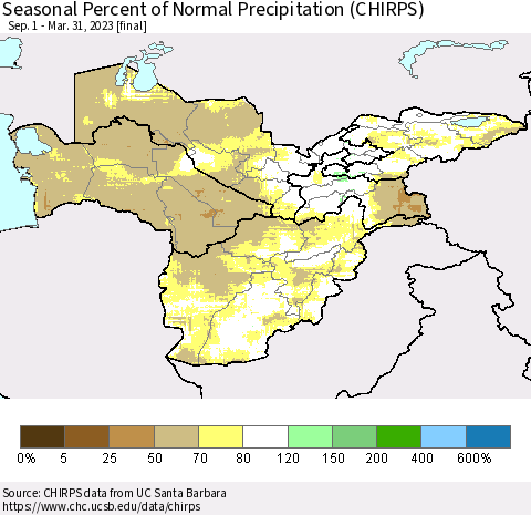Central Asia Seasonal Percent of Normal Precipitation (CHIRPS) Thematic Map For 9/1/2022 - 3/31/2023