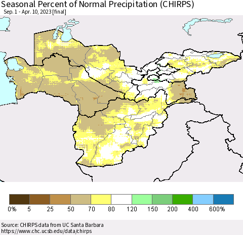 Central Asia Seasonal Percent of Normal Precipitation (CHIRPS) Thematic Map For 9/1/2022 - 4/10/2023