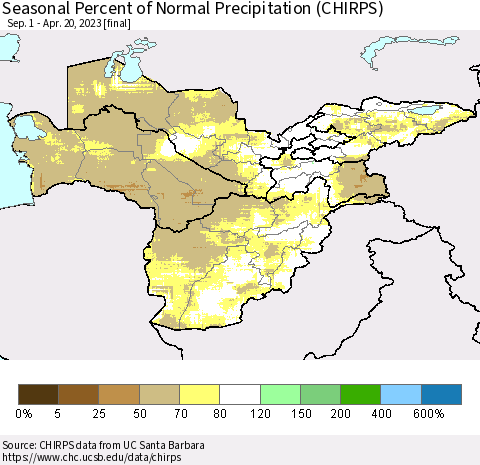 Central Asia Seasonal Percent of Normal Precipitation (CHIRPS) Thematic Map For 9/1/2022 - 4/20/2023