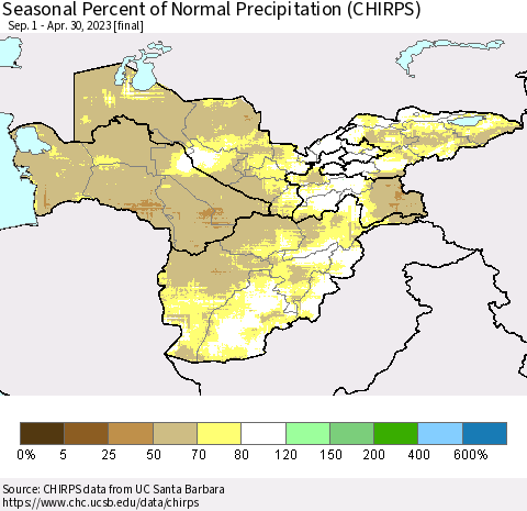 Central Asia Seasonal Percent of Normal Precipitation (CHIRPS) Thematic Map For 9/1/2022 - 4/30/2023