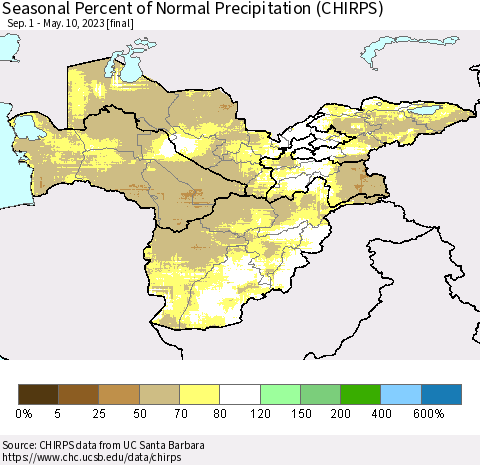 Central Asia Seasonal Percent of Normal Precipitation (CHIRPS) Thematic Map For 9/1/2022 - 5/10/2023
