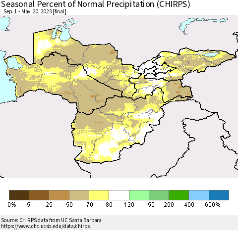 Central Asia Seasonal Percent of Normal Precipitation (CHIRPS) Thematic Map For 9/1/2022 - 5/20/2023