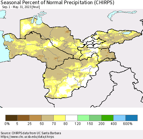 Central Asia Seasonal Percent of Normal Precipitation (CHIRPS) Thematic Map For 9/1/2022 - 5/31/2023