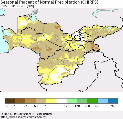 Central Asia Seasonal Percent of Normal Precipitation (CHIRPS) Thematic Map For 9/1/2022 - 6/10/2023