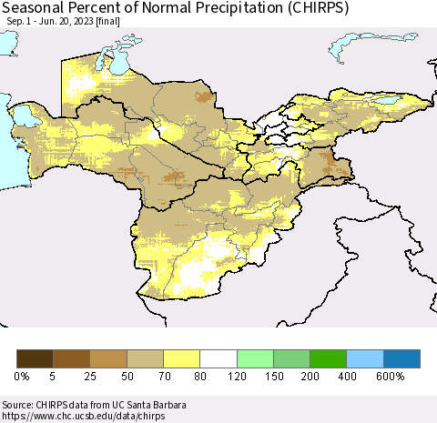 Central Asia Seasonal Percent of Normal Precipitation (CHIRPS) Thematic Map For 9/1/2022 - 6/20/2023