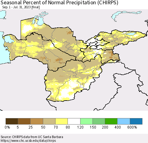 Central Asia Seasonal Percent of Normal Precipitation (CHIRPS) Thematic Map For 9/1/2022 - 7/31/2023