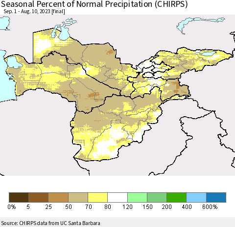 Central Asia Seasonal Percent of Normal Precipitation (CHIRPS) Thematic Map For 9/1/2022 - 8/10/2023