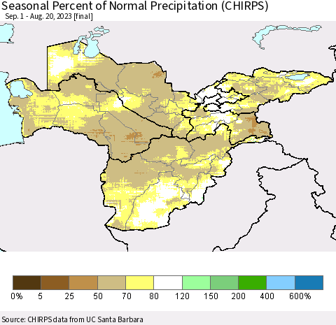 Central Asia Seasonal Percent of Normal Precipitation (CHIRPS) Thematic Map For 9/1/2022 - 8/20/2023