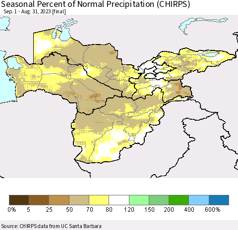 Central Asia Seasonal Percent of Normal Precipitation (CHIRPS) Thematic Map For 9/1/2022 - 8/31/2023