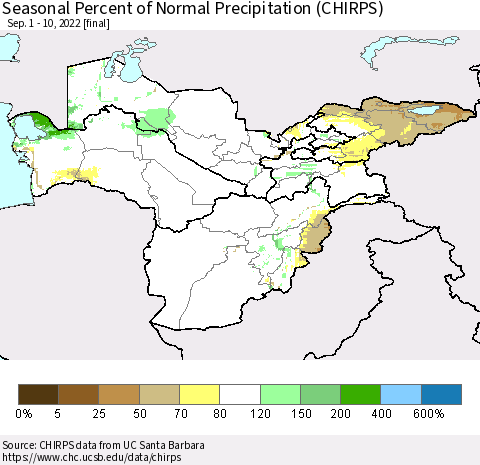 Central Asia Seasonal Percent of Normal Precipitation (CHIRPS) Thematic Map For 9/1/2022 - 9/10/2022