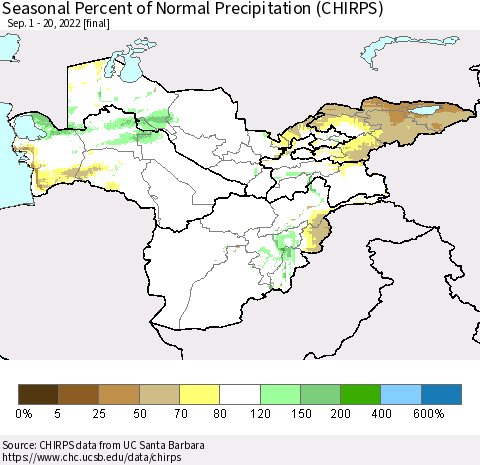 Central Asia Seasonal Percent of Normal Precipitation (CHIRPS) Thematic Map For 9/1/2022 - 9/20/2022