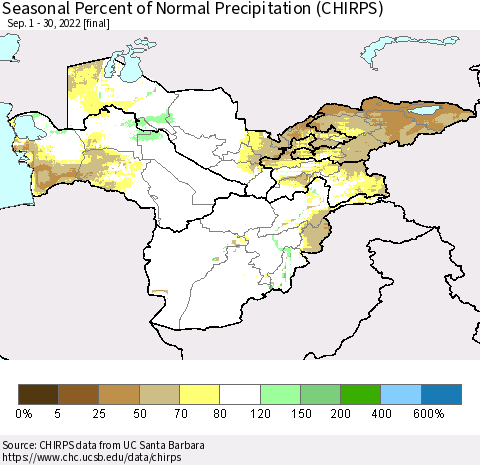 Central Asia Seasonal Percent of Normal Precipitation (CHIRPS) Thematic Map For 9/1/2022 - 9/30/2022