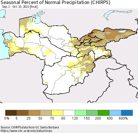 Central Asia Seasonal Percent of Normal Precipitation (CHIRPS) Thematic Map For 9/1/2022 - 10/10/2022