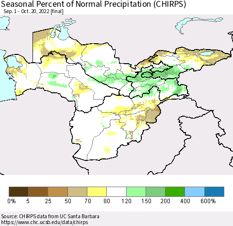 Central Asia Seasonal Percent of Normal Precipitation (CHIRPS) Thematic Map For 9/1/2022 - 10/20/2022