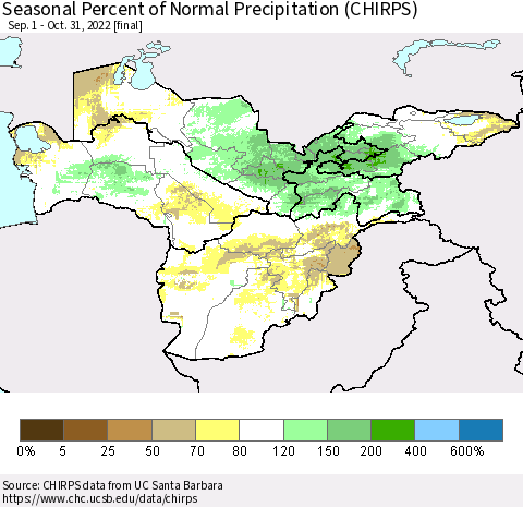 Central Asia Seasonal Percent of Normal Precipitation (CHIRPS) Thematic Map For 9/1/2022 - 10/31/2022