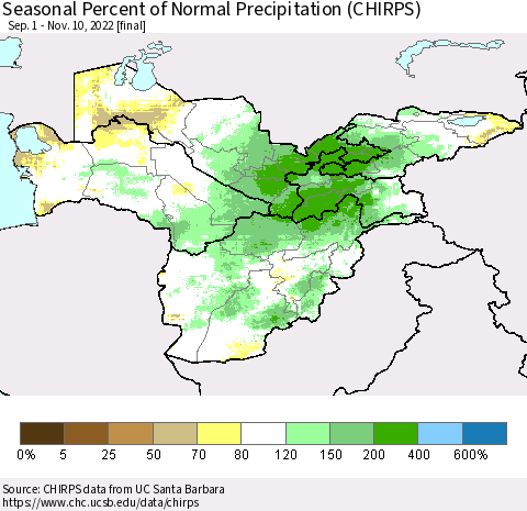 Central Asia Seasonal Percent of Normal Precipitation (CHIRPS) Thematic Map For 9/1/2022 - 11/10/2022